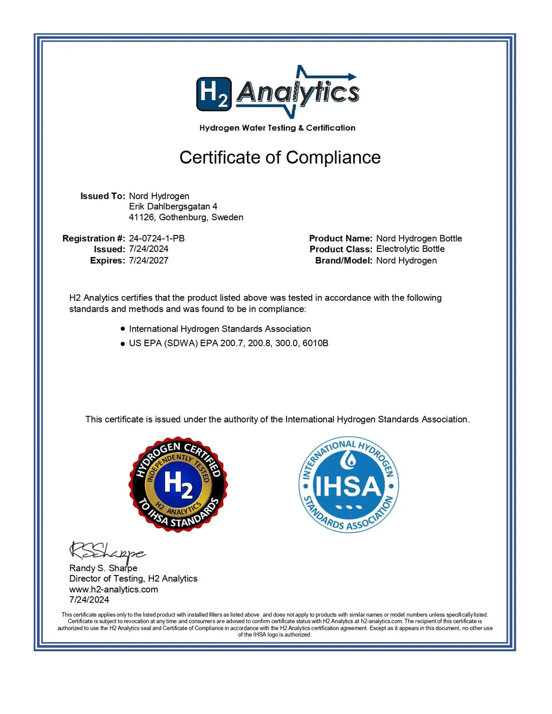 IHSA certificate of compliance for the Nord Hydrogen Bottle