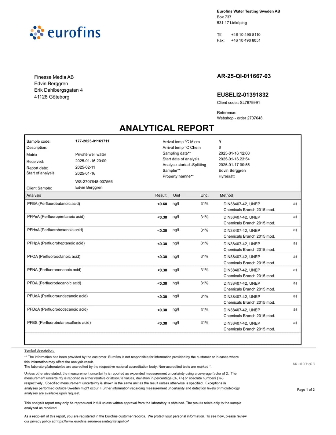 Eurofins Sweden analytical report with PFAS results