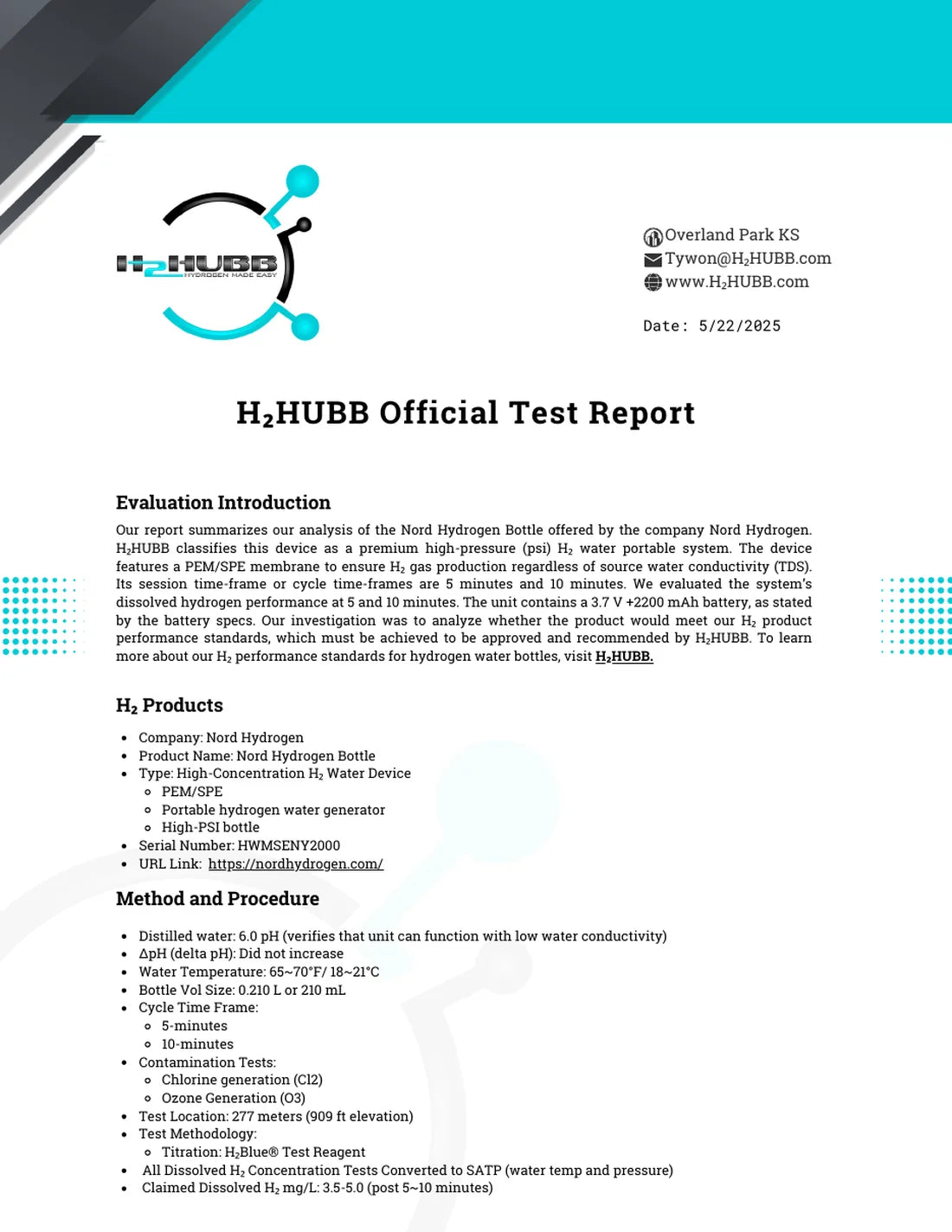 First page of the H₂HUBB official test report for the Nord Hydrogen Bottle